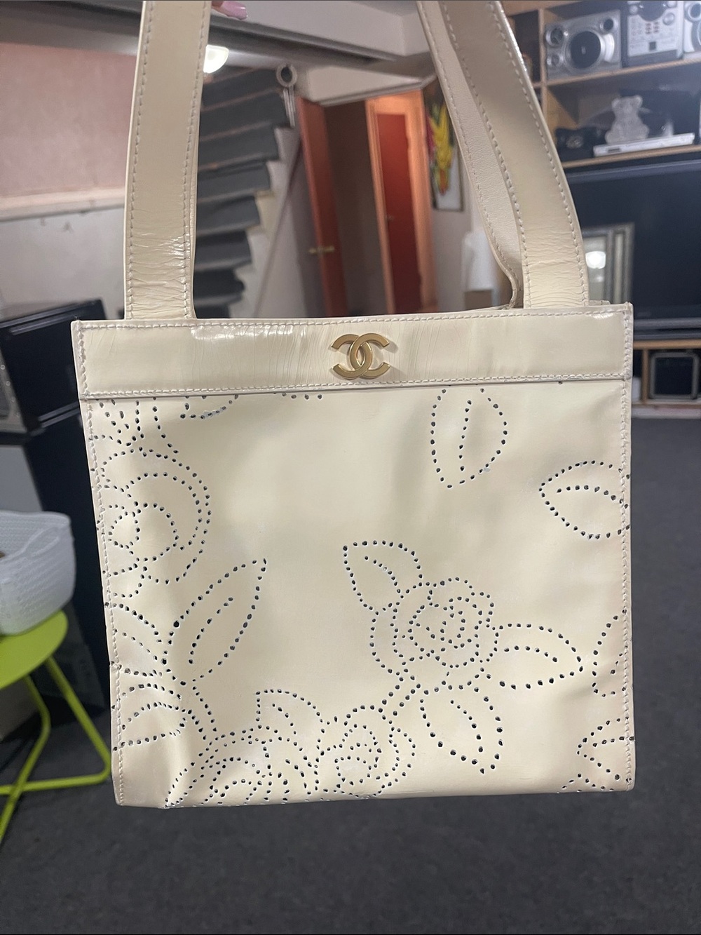 CHANEL Cream Perforated Camellia Shoulder Bag with Gold CC